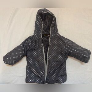 Penelope Mack Black and White Polka Dot Puffer Jacket with cozy fleece lining